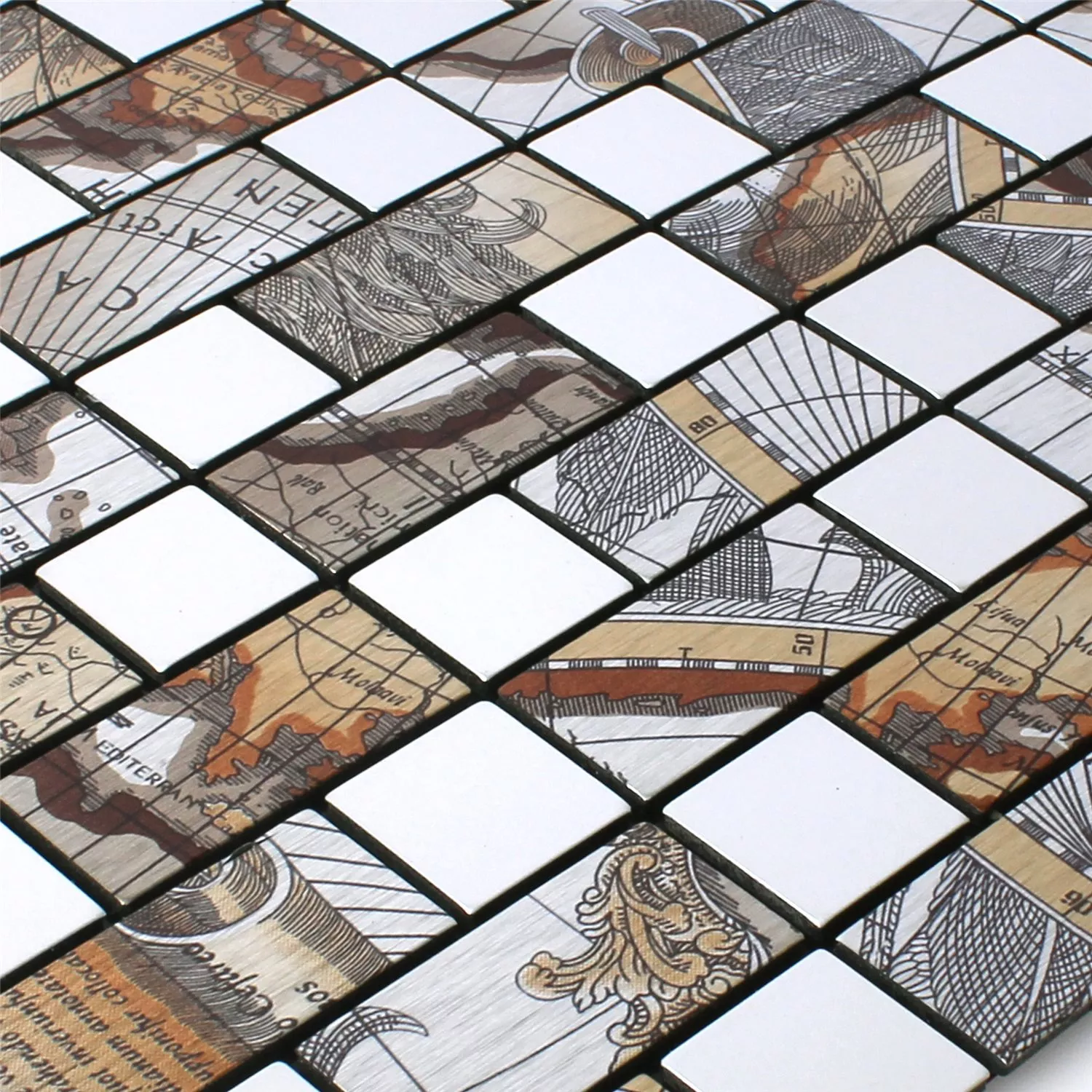 Mosaikkfliser Metall Selvklebende Pinta Verdenskart Sølv Rektangel