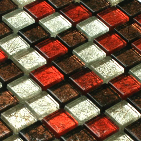 Mosaic Tiles Glass 23x23x8mm Red Brown Silver Metal