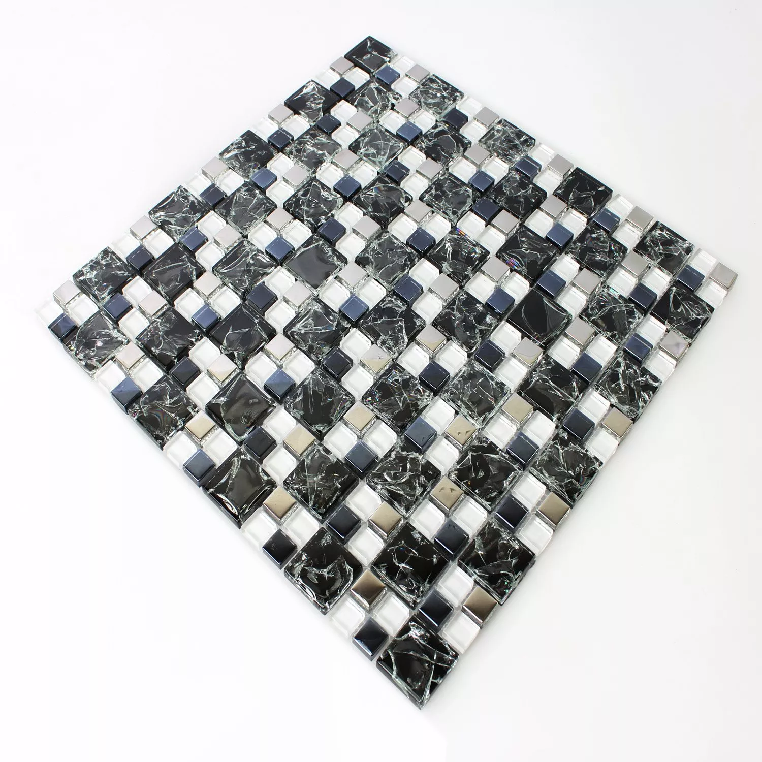 Muster von Mosaikfliesen Glas Edelstahl Schwarz Silber Gebrochen