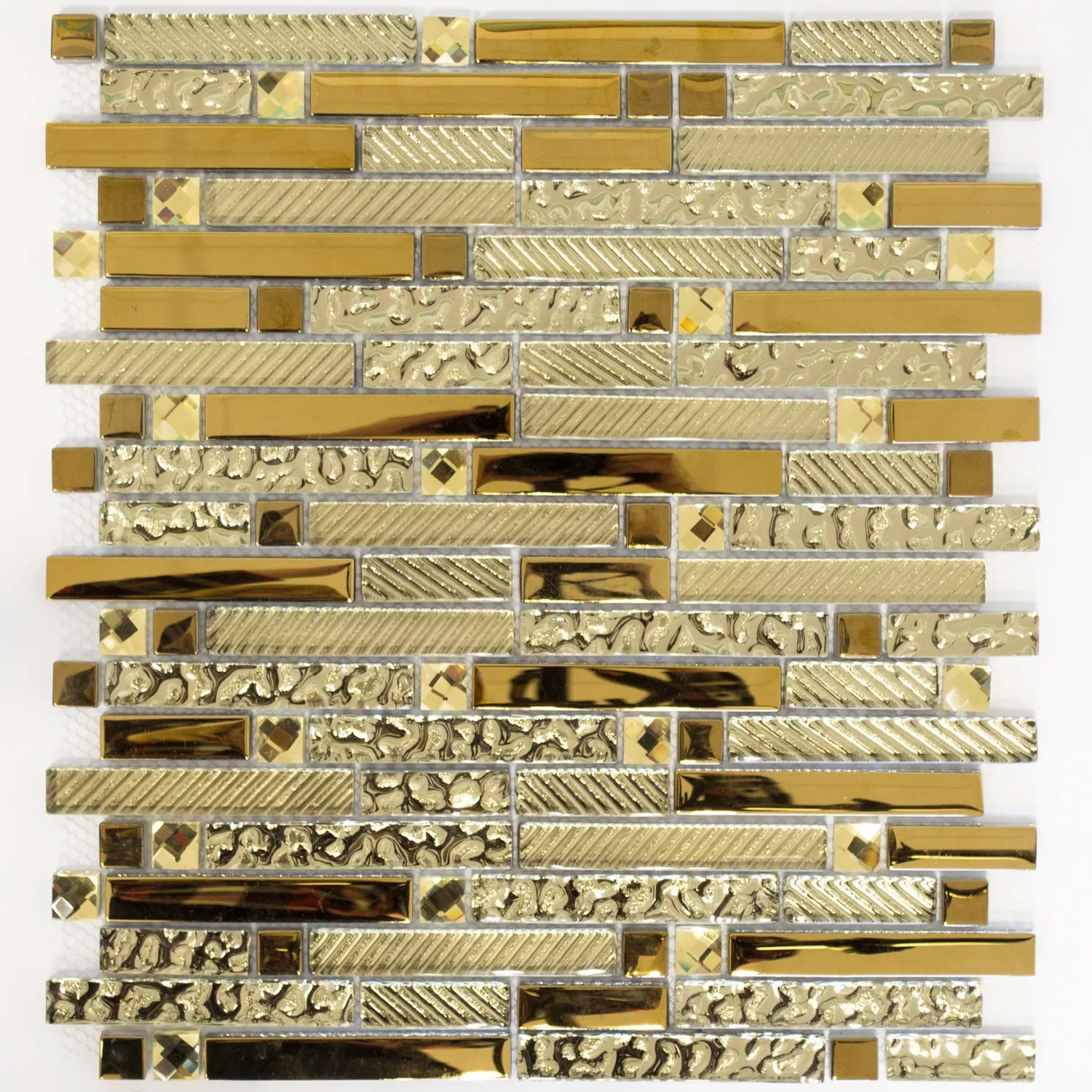 Skleněná Mozaika Dlaždice Mix Struktur Zlatá 15x62x8mm