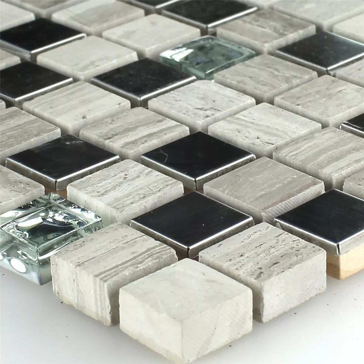 Mosaikfliesen Glas Sandstein Edelstahl Grau 15x15x8mm