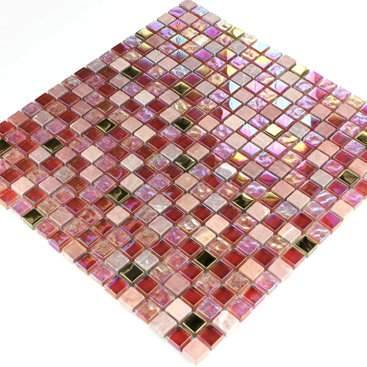 Prøve Mosaik Fliser Glas Natursten Rød Rosa Guld
