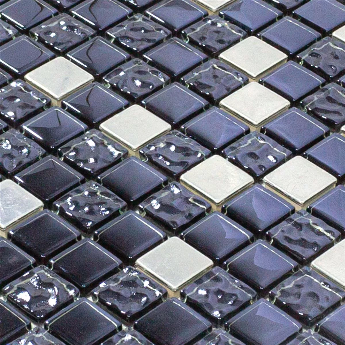 Muestra Azulejos De Mosaico Cristal Acero Inoxidable Blackriver Negro Plateado Mix