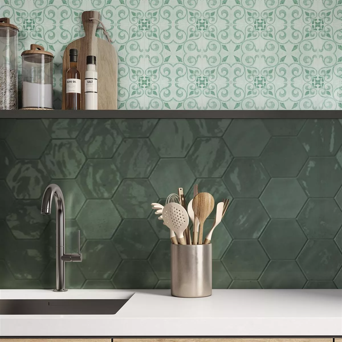 Sample Wall Tiles Arosa Glossy Waved Hexagon Emerald Green 17,3x15cm